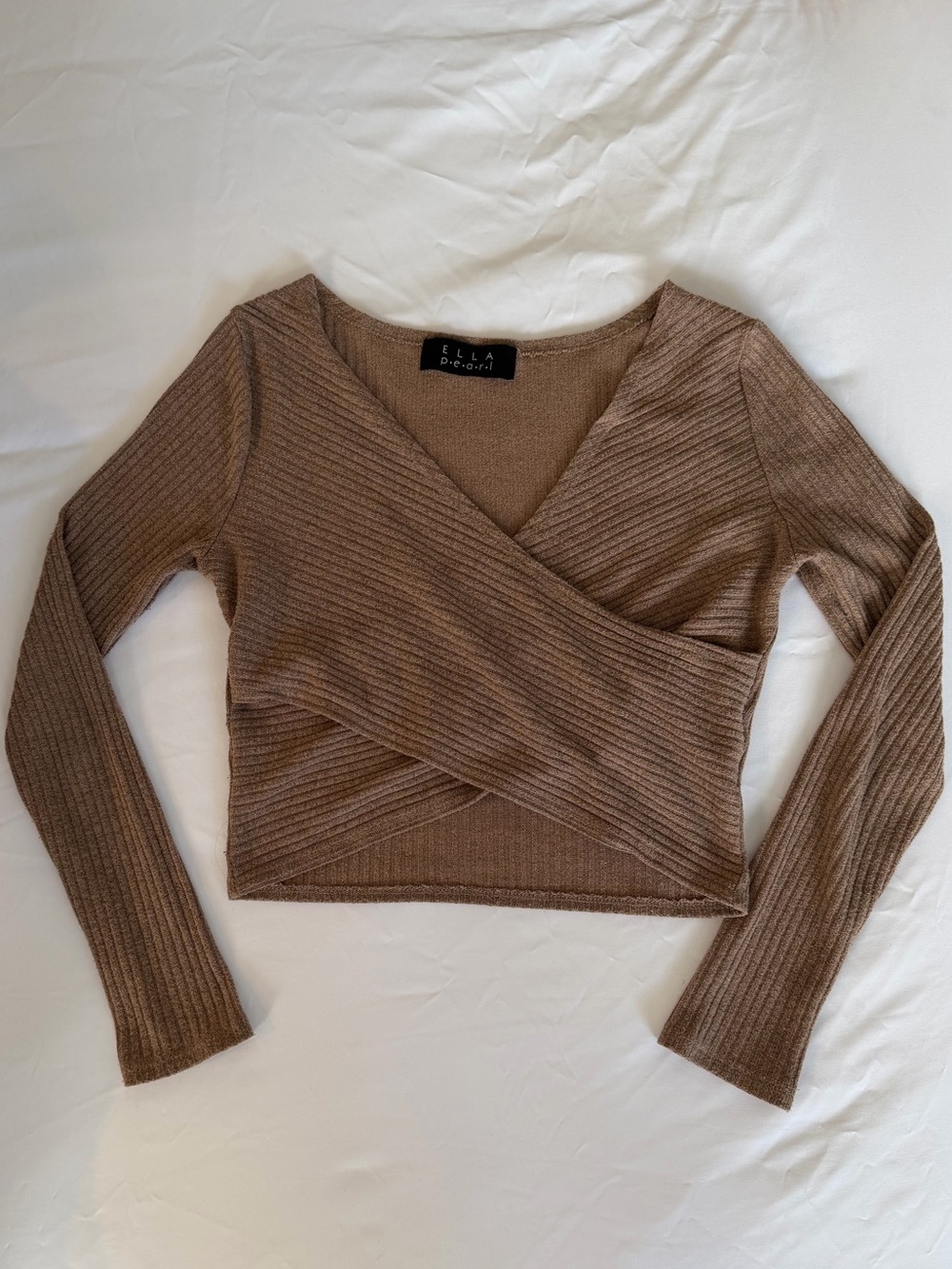 Ella Pearl Ribbed Wrap-Front Long Sleeve Crop Top in Brown